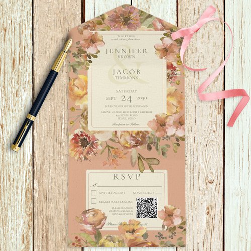 Vintage Floral Blush Pink  Rust QR Code All In One Invitation