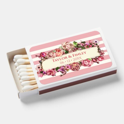 Vintage Floral Blush Pink Striped Bridal Shower Matchboxes