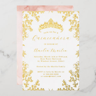Vintage Floral Blush White Gold Quinceanera Foil Invitation