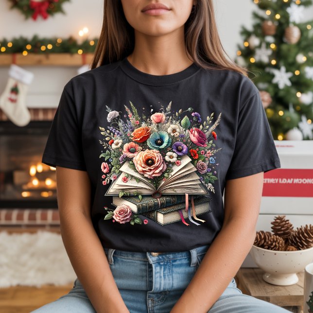 Vintage Floral Book Stack Illustration T-Shirt (Creator Uploaded)