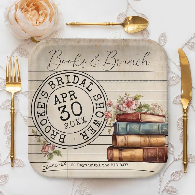 Vintage Floral Books Library Card Bridal Shower Paper Plates (Elegant vintage books and brunch floral books romantic literary wedding bridal shower square plates)