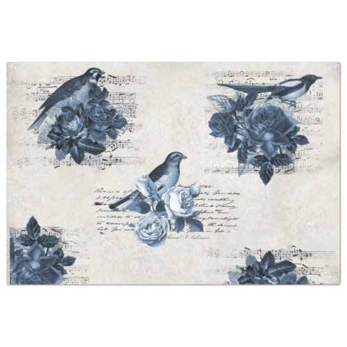 Vintage Floral Botanical Birds Blue Decoupage Art Tissue Paper