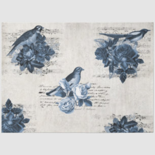 Vintage Floral Botanical Birds Blue Decoupage Art Tissue Paper