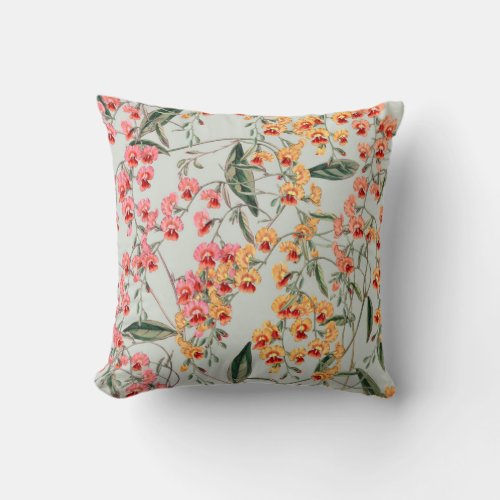Vintage floral botanical blooms of orchid looking throw pillow