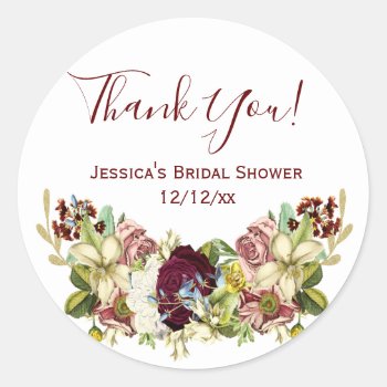 Vintage Floral Botanical Burgundy Pink Thank You Classic Round Sticker by MaggieMart at Zazzle