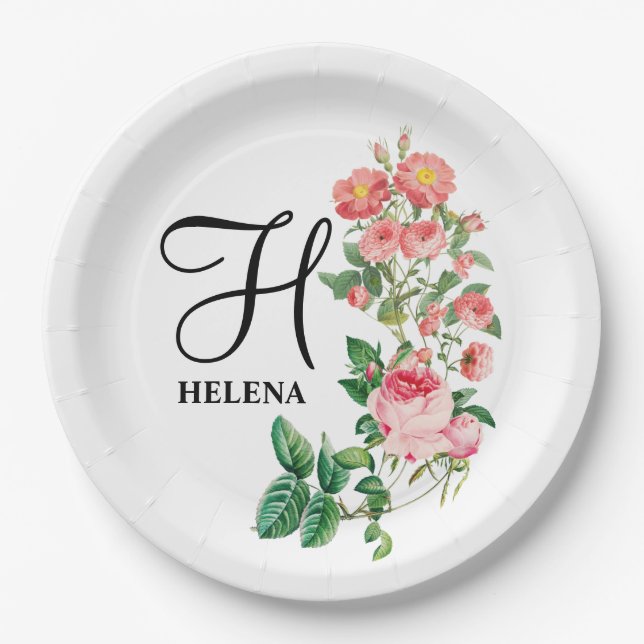 Vintage Floral Botanical Customized Monogram Paper Plates (Front)