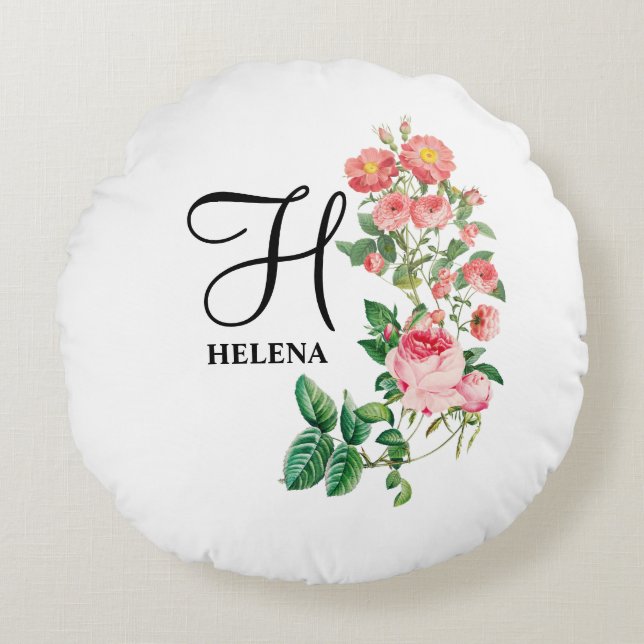 Vintage Floral Botanical Customized Monogram Round Pillow (Front)