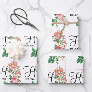 Vintage Floral Botanical Customized Monogram Wrapping Paper Sheets