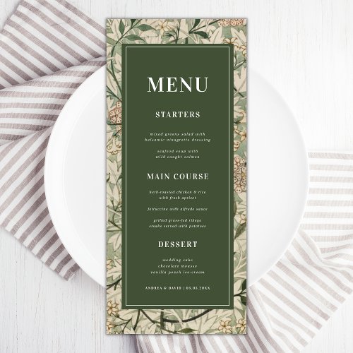 Vintage Floral Botanical Dark Green Cream Wedding  Menu