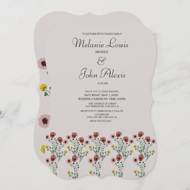 Vintage Floral Botanical Embroidered Wedding Art Invitation (Front/Back)