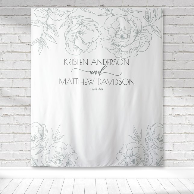 Vintage Floral Botanical Grey Wedding Tapestry (Grey floral outline modern wedding backdrop for an elegant modern botanical feel.)