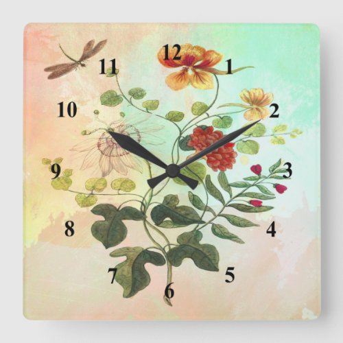 Vintage Floral Botanical Illustration Flowers Art Square Wall Clock