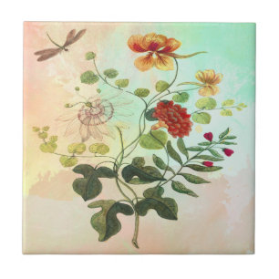 Vintage Floral Botanical Illustration Flowers Art Tile