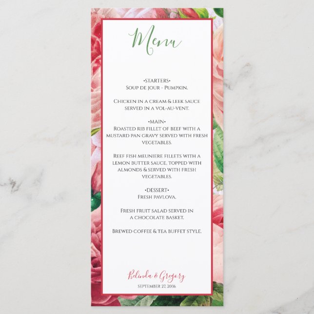 Vintage Floral & Botanical Pink Roses Wedding  Menu (Front)