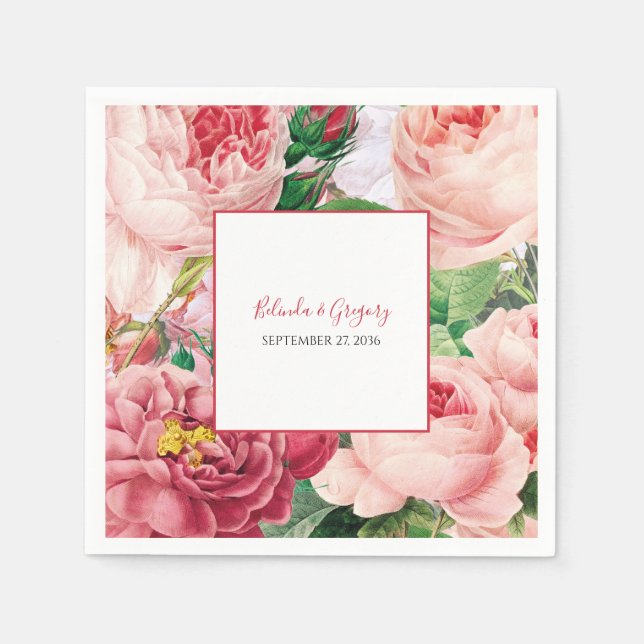 Vintage Floral & Botanical Pink Roses Wedding Napkins (Front)