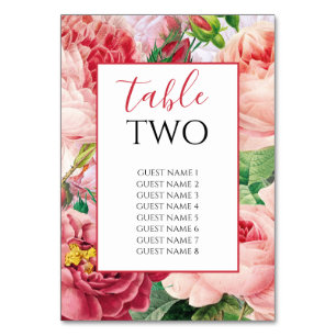Vintage Floral & Botanical Pink Roses Wedding Table Number