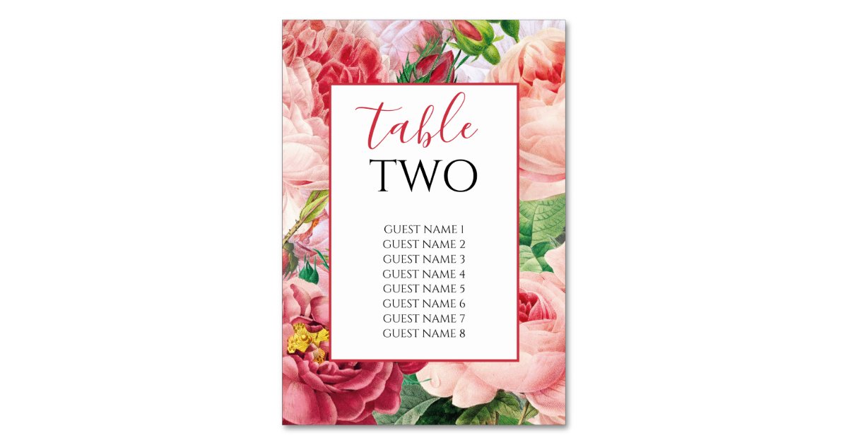 Red Roses Table Numbers Vintage Floral & Botanical Pink Roses Wedding Table Number | Zazzle