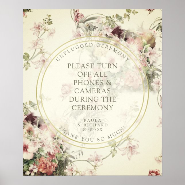 Vintage Floral Botanical Unplugged Wedding Poster (Front)