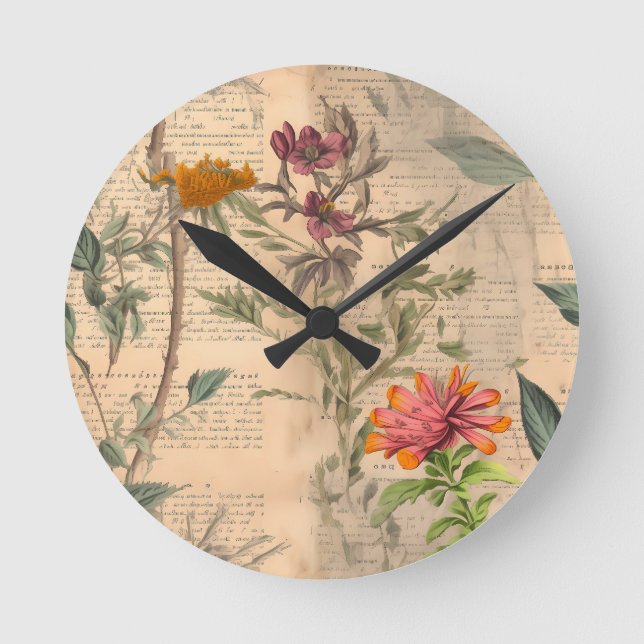 Vintage Floral Botanical Wall Clock (Front)
