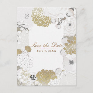 Vintage Floral Botanical White Gold Save the Date Announcement Postcard