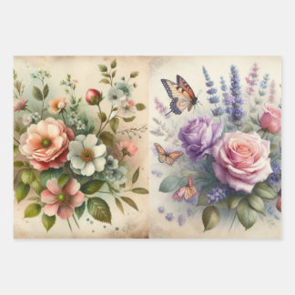 Vintage Floral Bouquet and Butterflies Decoupage Wrapping Paper Sheets