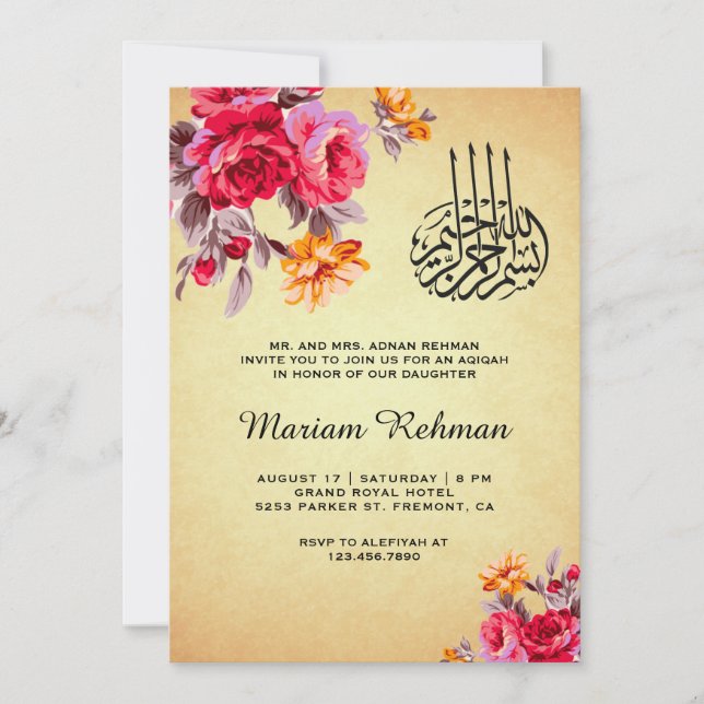 Vintage Floral Bouquet Baby Girl Aqiqah Invitation (Front)