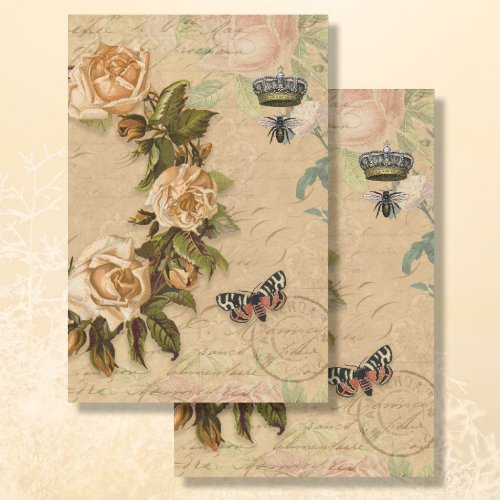 Vintage Floral Bouquet Gold Rose Ephemera Collage Tissue Paper