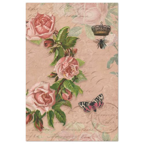 Vintage Floral Bouquet Pink Rose Ephemera Collage Tissue Paper