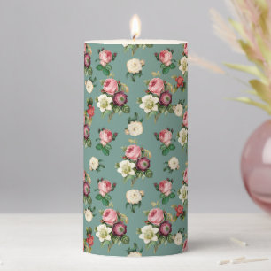 Vintage Floral Bouquet Pink White Flowers Pillar Candle
