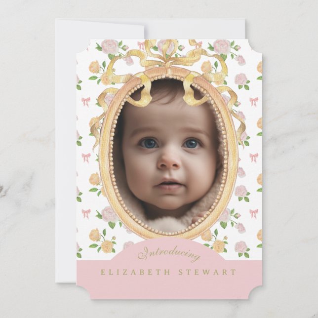 Vintage Floral Bow 2 Photo Birth Announcement (Back)