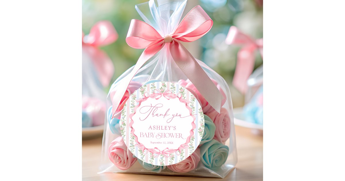 Vintage Floral Bow Girl Baby Shower Thank You Classic Round Sticker ...