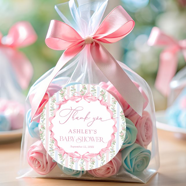 Vintage Floral Bow Girl Baby Shower Thank You Classic Round Sticker (Creator Uploaded)