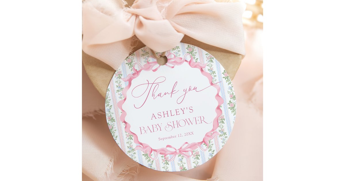 Vintage Floral Bow Girl Baby Shower Thank You Favor Tags | Zazzle