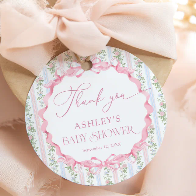 Vintage Floral Bow Girl Baby Shower Thank You Favor Tags | Zazzle