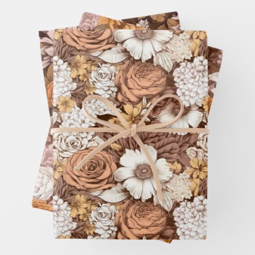 Vintage Floral Brown Copper Boho Fall Wildflower Wrapping Paper Sheets
