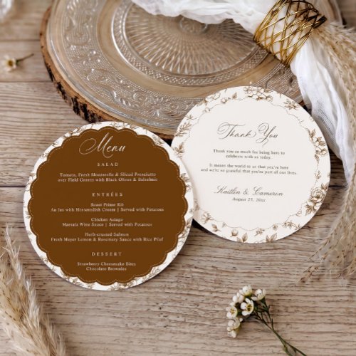 Vintage Floral Brown Cream Thank You Round Wedding Menu