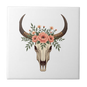 Vintage Floral Bull Skull Boho Western Botanical I Ceramic Tile