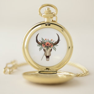 Vintage Floral Bull Skull Boho Western Botanical I Pocket Watch