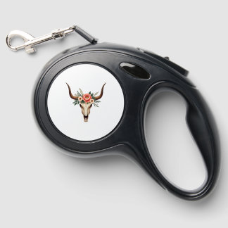 Vintage Floral Bull Skull Boho Western Botanical I Retractable Pet Leash