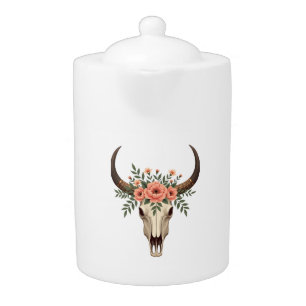 Vintage Floral Bull Skull Boho Western Botanical I Teapot