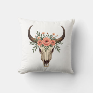 Vintage Floral Bull Skull Boho Western Botanical I Throw Pillow