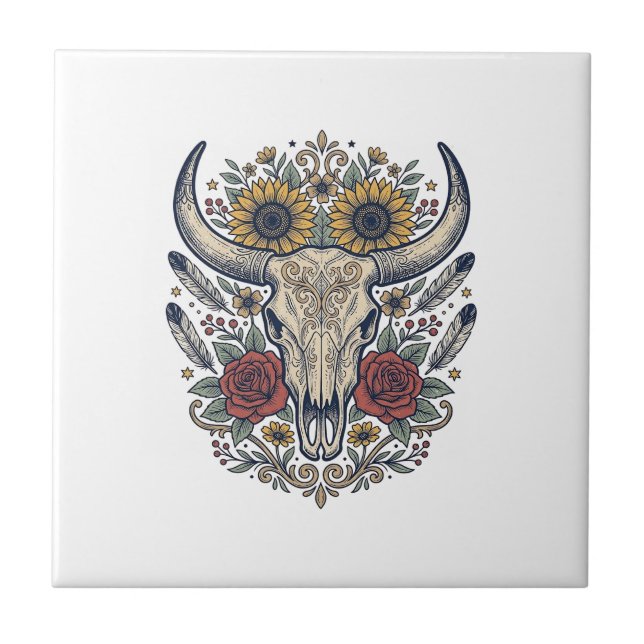 Vintage Floral Bull Skull Western Ceramic Tile (Front)