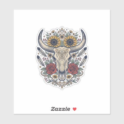 Vintage Floral Bull Skull Western Sticker