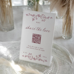 Vintage Floral Burgundy Dark Red Wedding QR Code Pedestal Sign