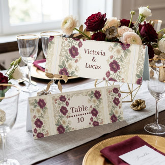 Vintage Floral Burgundy Floral Wedding Table Cards Tent