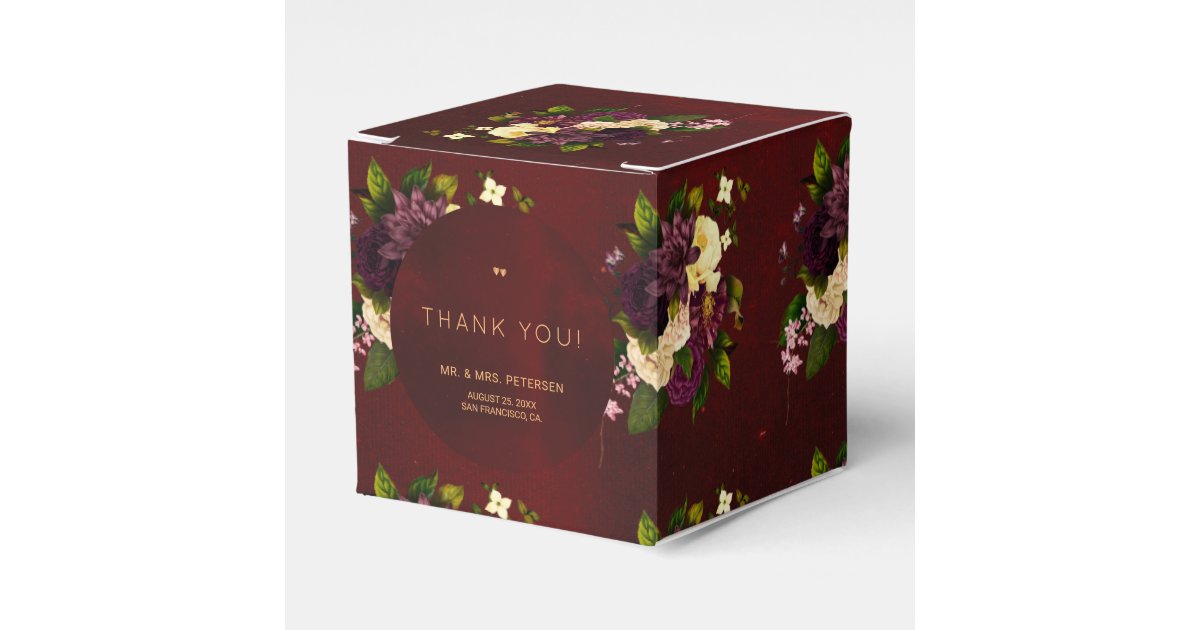 Vintage floral burgundy gold wedding thank you favor boxes | Zazzle