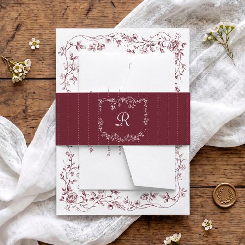 Vintage Floral Burgundy Red Crest Wedding Invitation Belly Band