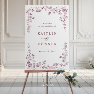 Vintage Floral Burgundy Red Large Wedding Welcome Foam Board