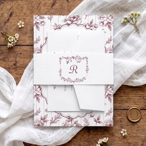 Vintage Floral Burgundy Red Monogram Wedding Invitation Belly Band