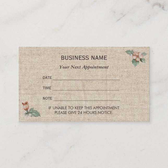 Vintage Floral Burlap Appointment Reminder Card (Front)